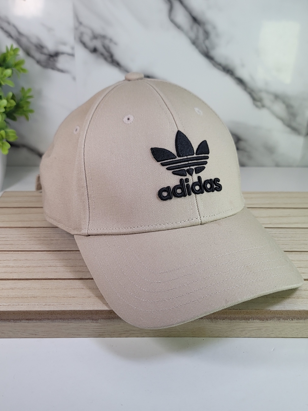 Adidas Trefoil Baseball Cap in Beige with Black Logo. Adjustable